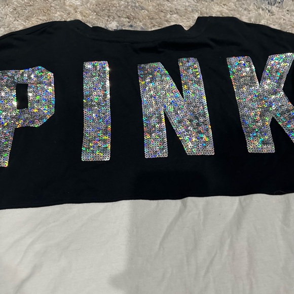 PINK Victoria's Secret Pink Bling Long Sleeve Black and White Tee - Picture 5 of 8